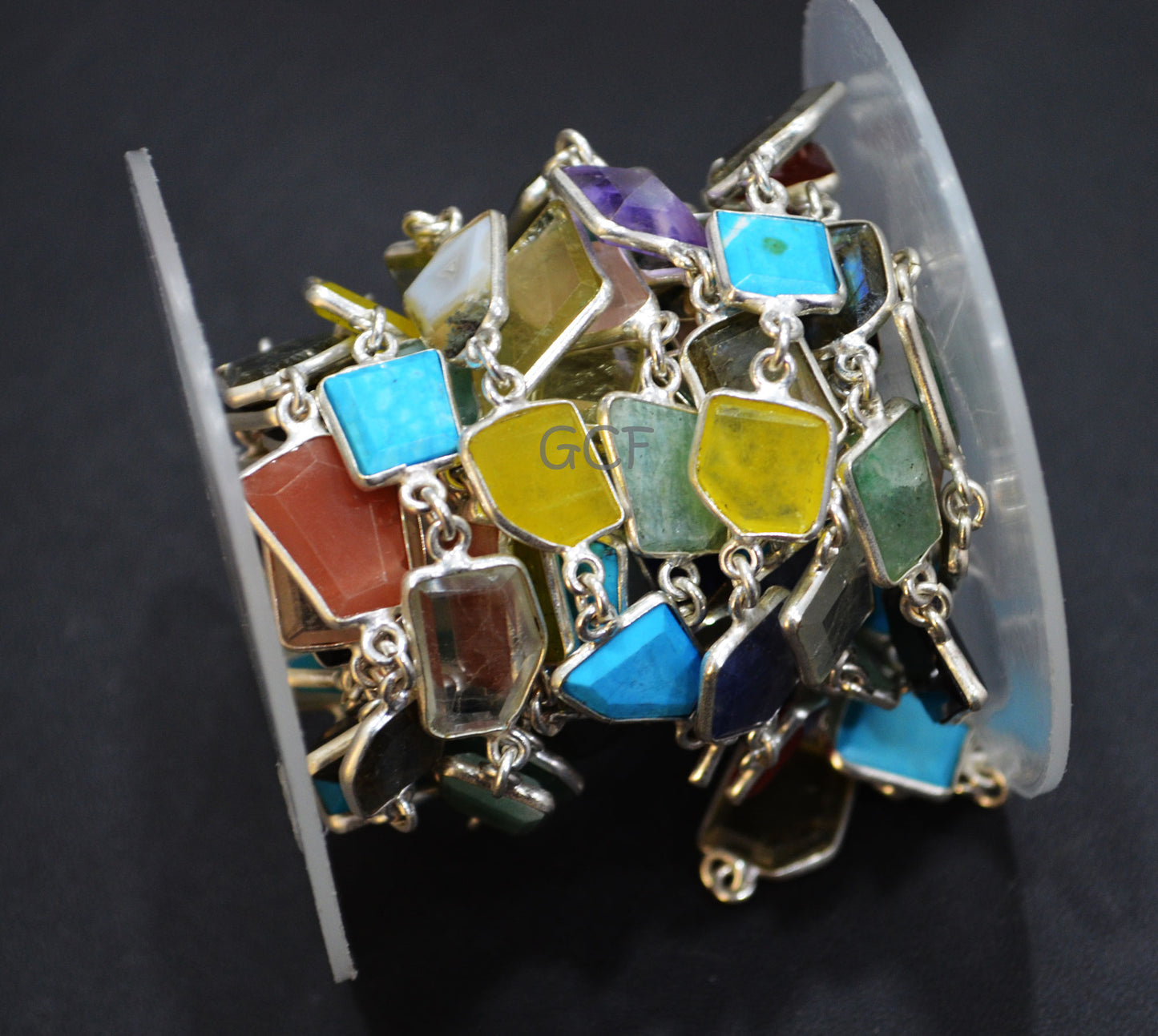 Multi Mix Gemstone Slice Cut Fancy Connector Chain , Multi Mix Gemstone Fancy Bezel Link Chain , 10x13 - 11x16 mm , 6896