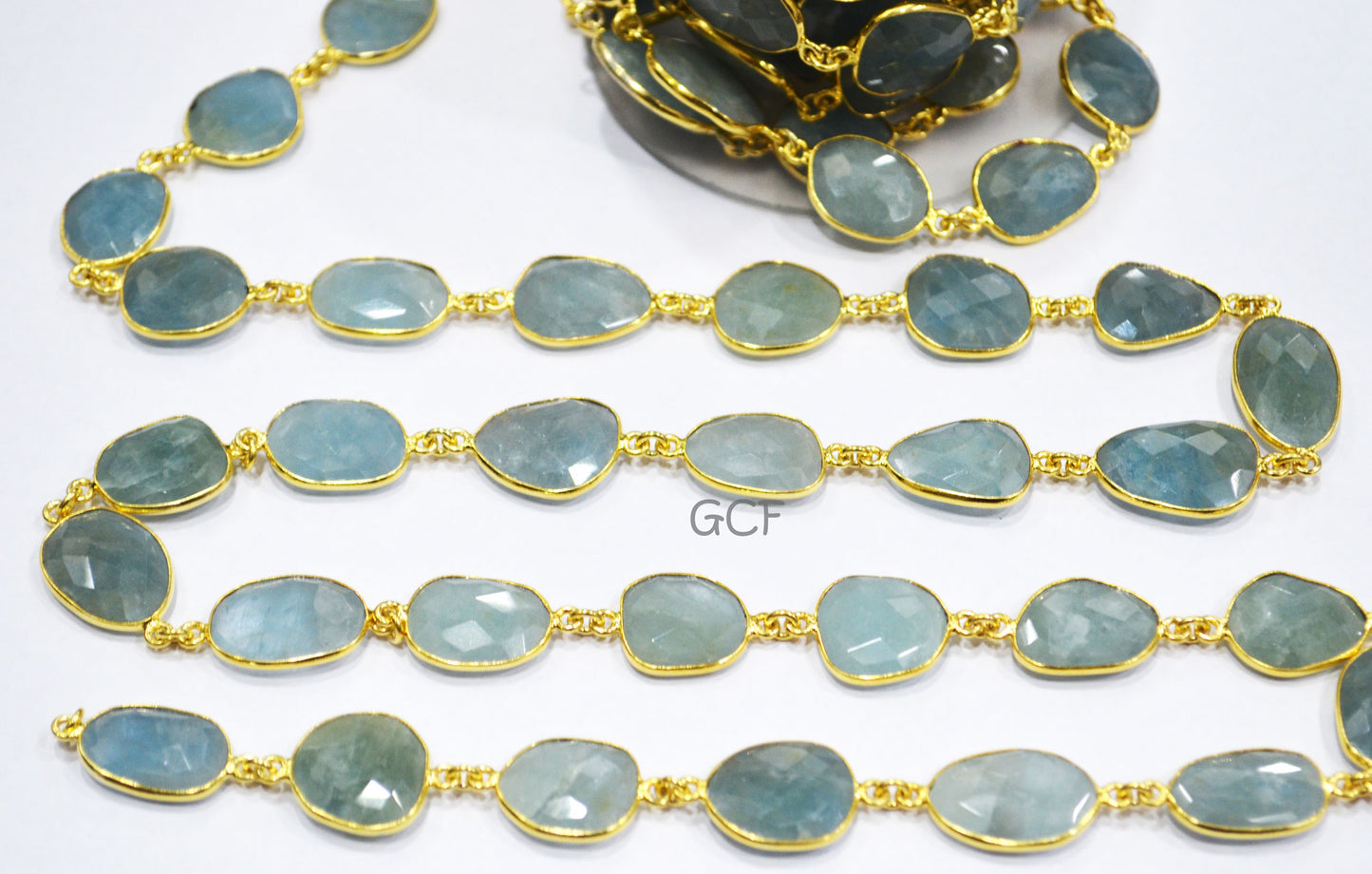 Milky Aquamarine Faceted Slice Shape Connector Chain , Milky Aquamarine Free Form Shape Bezel Chain , 13x16 - 17x21 mm , 6899
