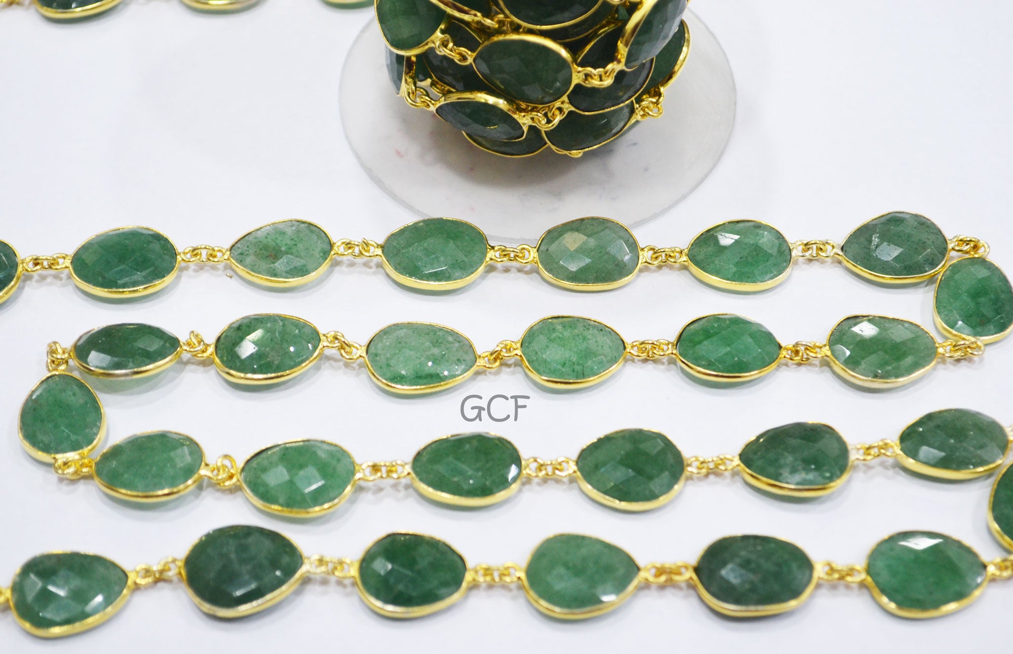 Green Strawberry Quartz Slice Shape Connector Chain , Strawberry Quartz Faceted Bezel Link Chain , 11x16 - 15x19 mm , 6900