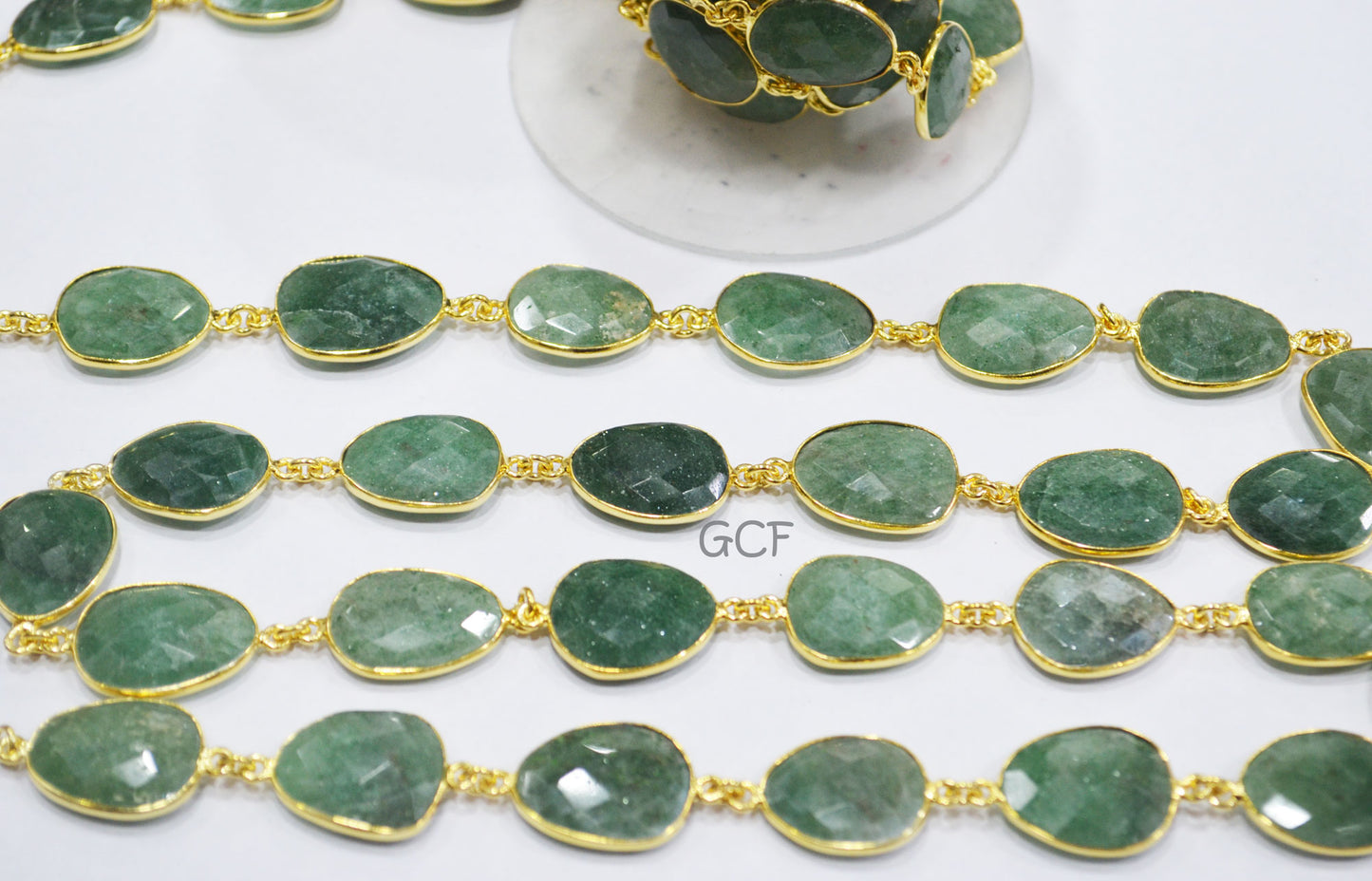 Green Strawberry Quartz Slice Shape Connector Chain , Strawberry Quartz Faceted Bezel Link Chain , 11x15 - 17x21 mm , 6901