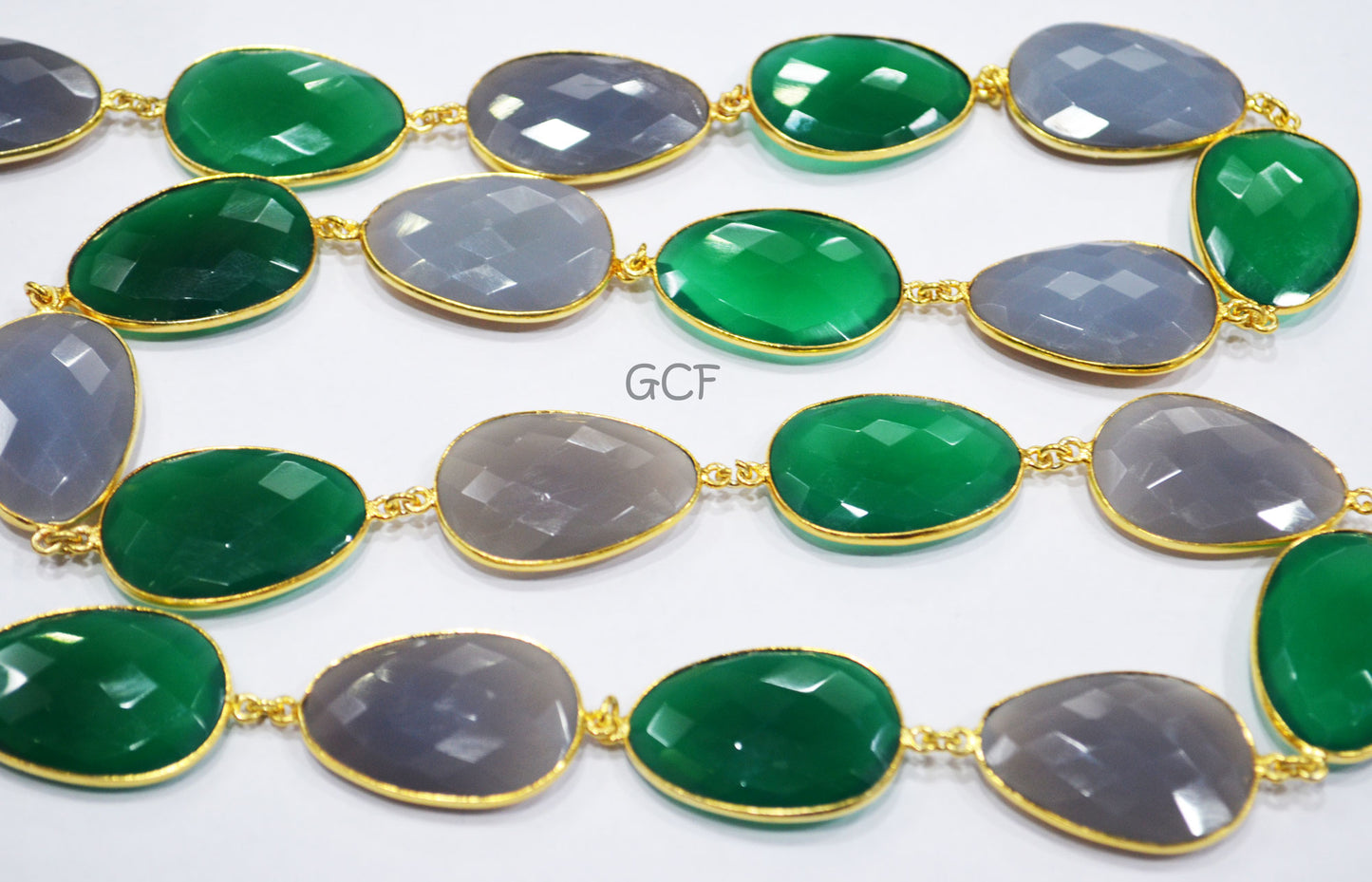Green Onyx And Gray Chalcedony Faceted Egg Shape Connector Chain , Gray Chalcedony Egg Bezel Link Chain , 21x30 mm , 6902