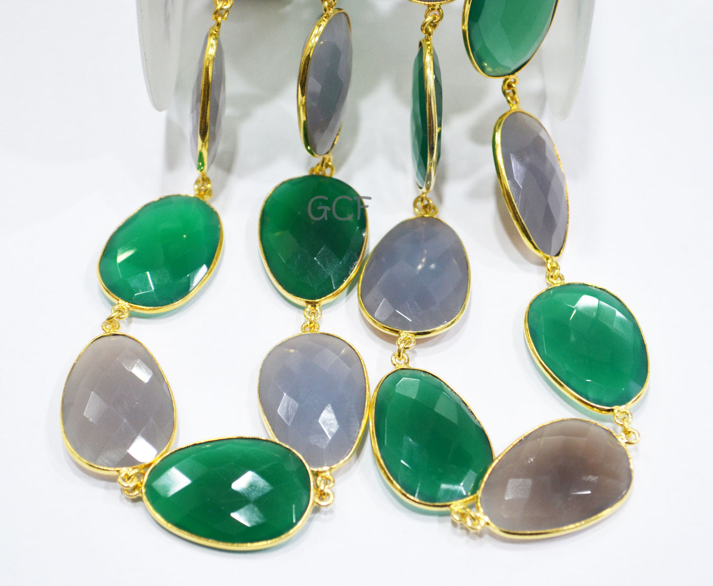 Green Onyx And Gray Chalcedony Faceted Egg Shape Connector Chain , Gray Chalcedony Egg Bezel Link Chain , 21x30 mm , 6902