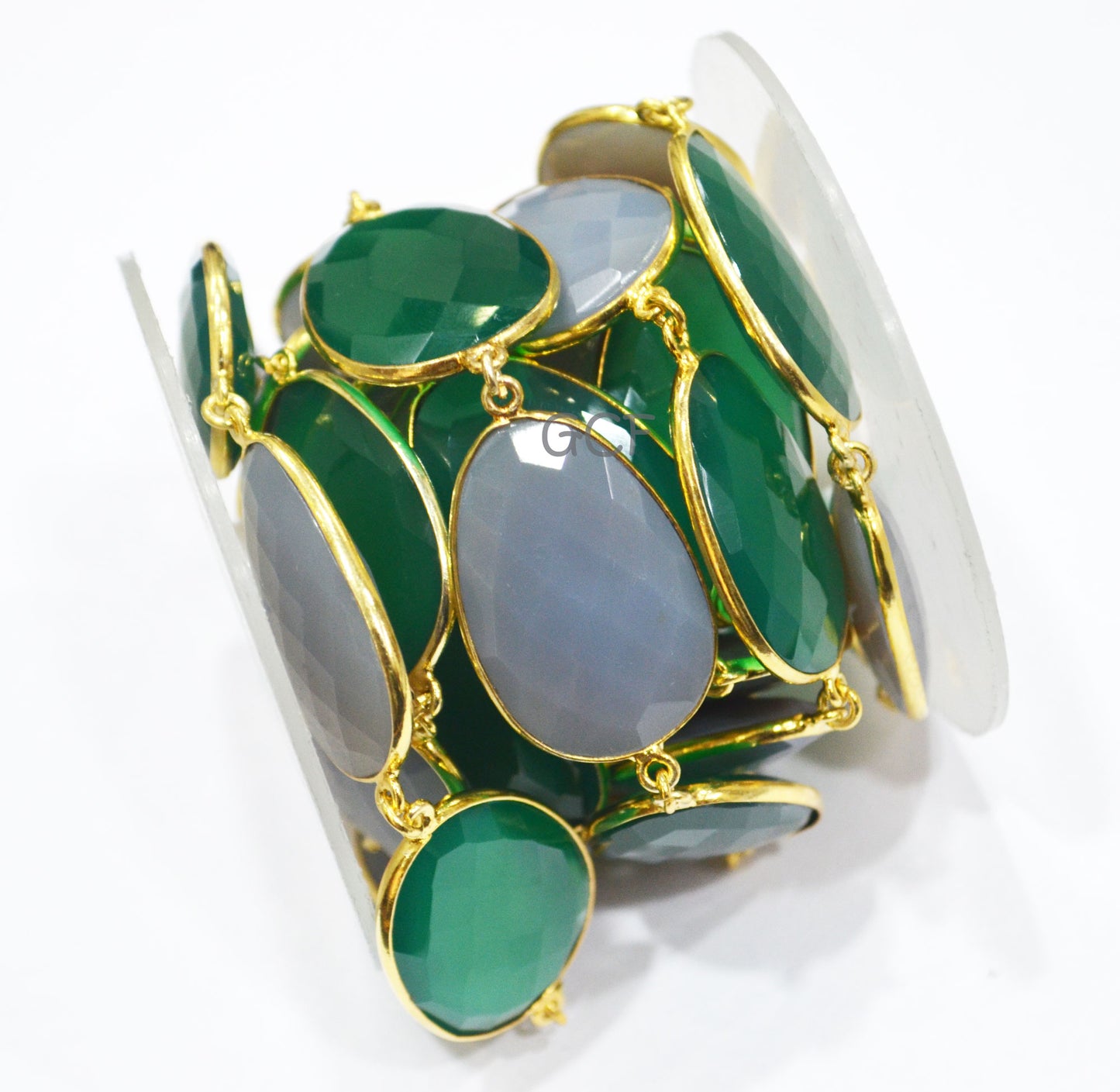 Green Onyx And Gray Chalcedony Faceted Egg Shape Connector Chain , Gray Chalcedony Egg Bezel Link Chain , 21x30 mm , 6902