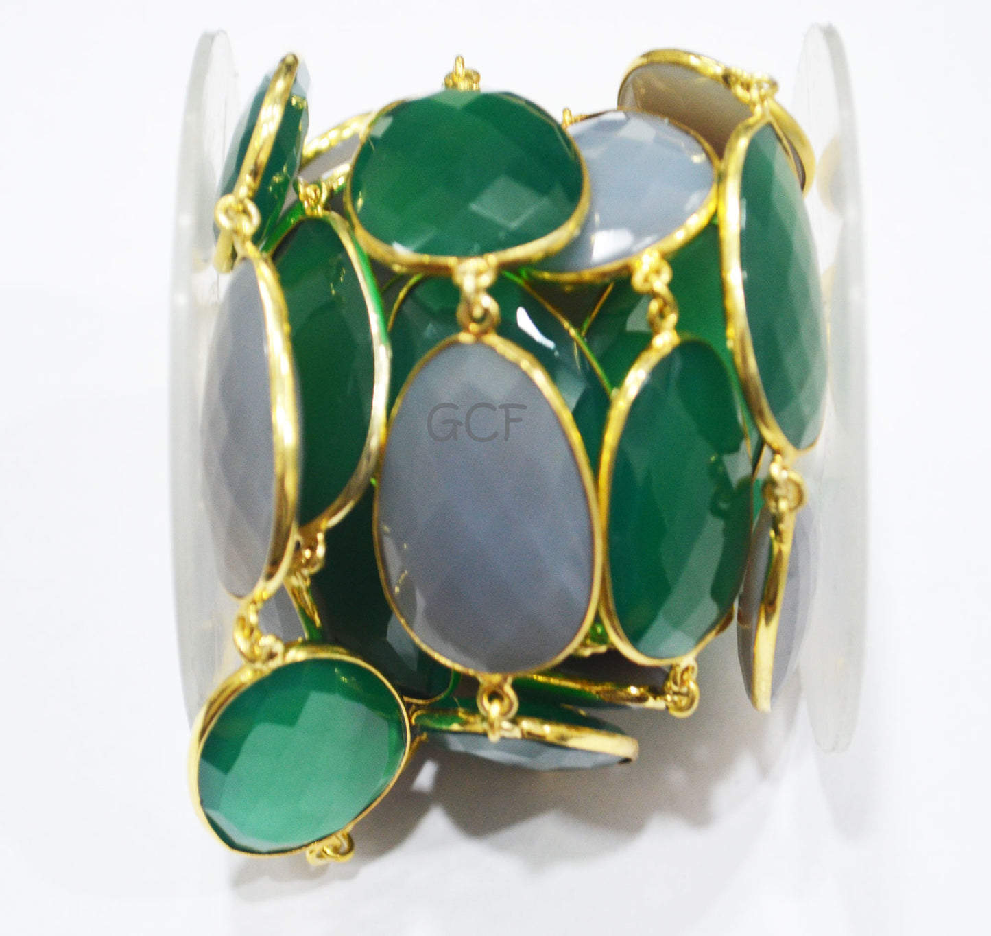 Green Onyx And Gray Chalcedony Faceted Egg Shape Connector Chain , Gray Chalcedony Egg Bezel Link Chain , 21x30 mm , 6902