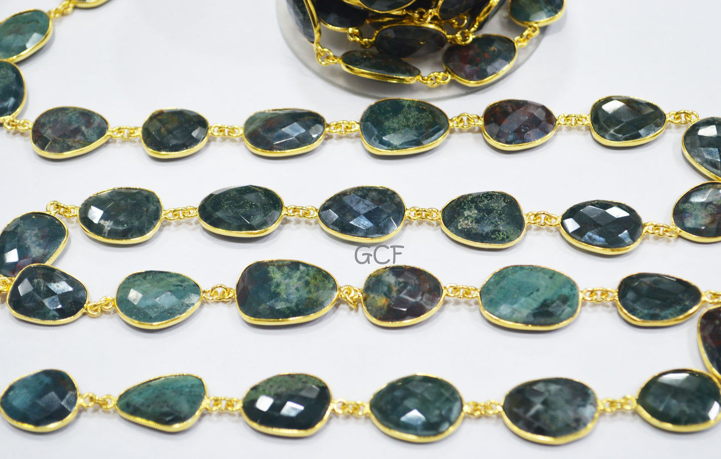 Mystic Red Green Blood Stone Faceted Free Form Connector Chain ,Red Green Blood Stone Bezel Link Chain ,15x17 - 17x22 mm ,6904