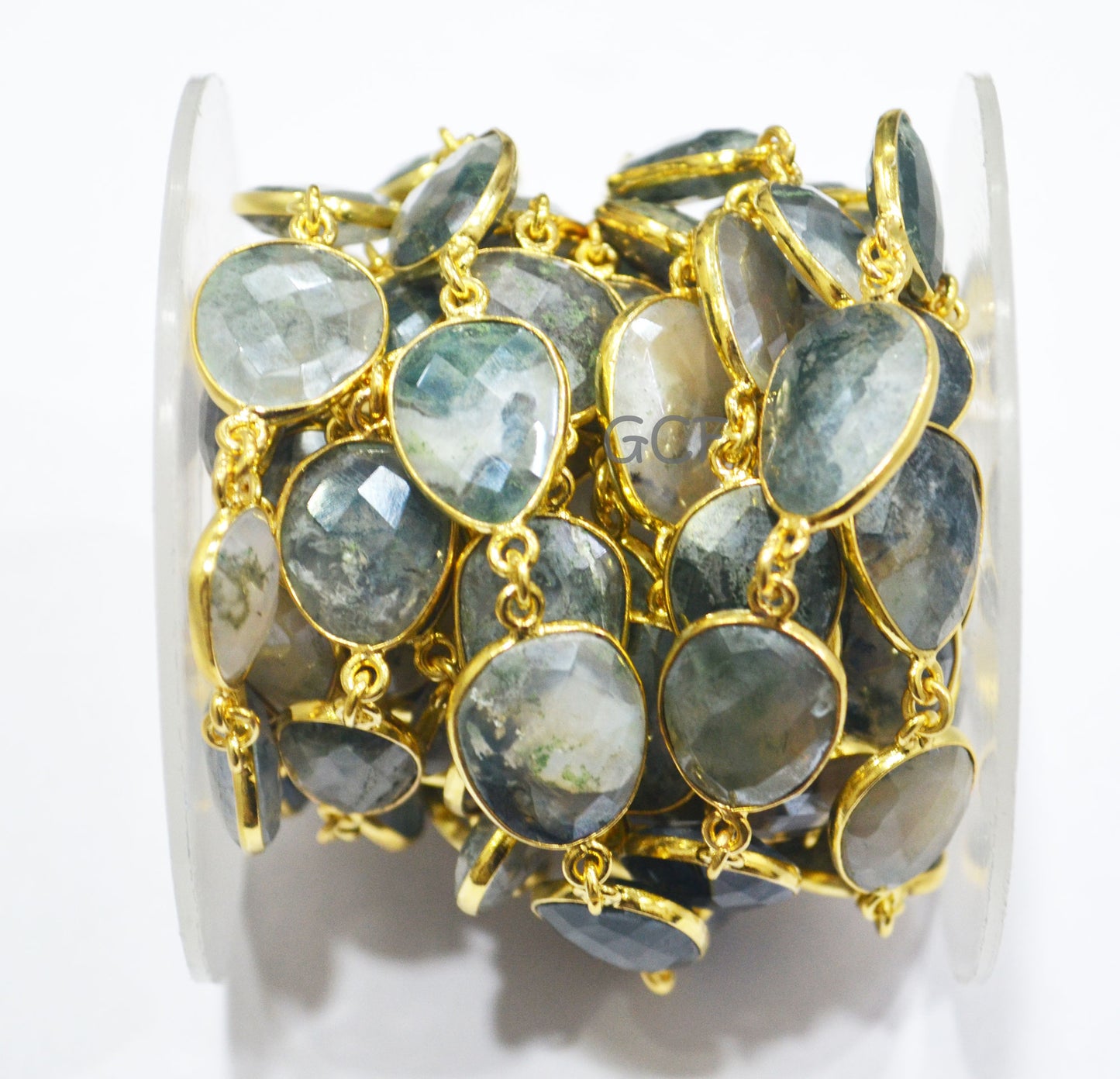 Mystic Moss Ocean Agate Faceted Free Form Connector Chain , Moss Ocean Agate Slice Bezel Link Chain , 11x14 - 14x17 mm , 6905