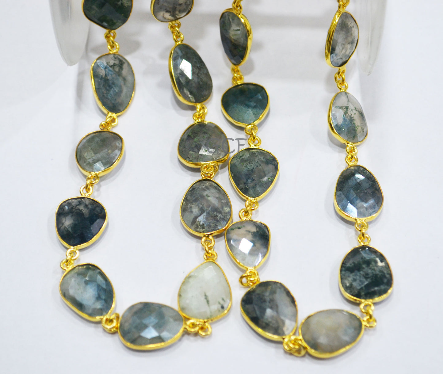 Mystic Moss Ocean Agate Faceted Free Form Connector Chain , Moss Ocean Agate Slice Bezel Link Chain , 11x14 - 14x17 mm , 6905