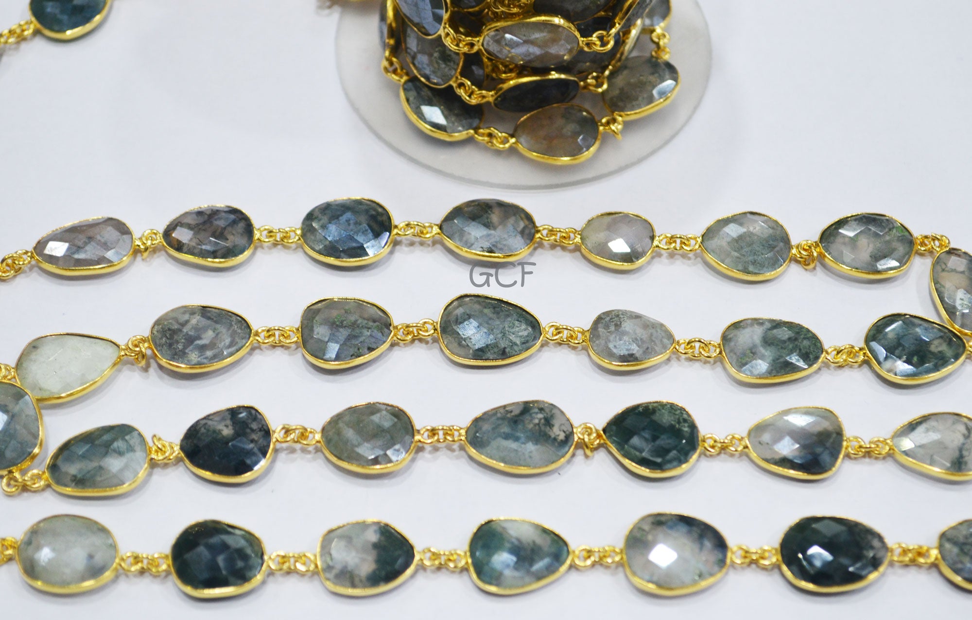 Mystic Moss Ocean Agate Faceted Free Form Connector Chain , Moss Ocean Agate Slice Bezel Link Chain , 11x14 - 14x17 mm , 6905