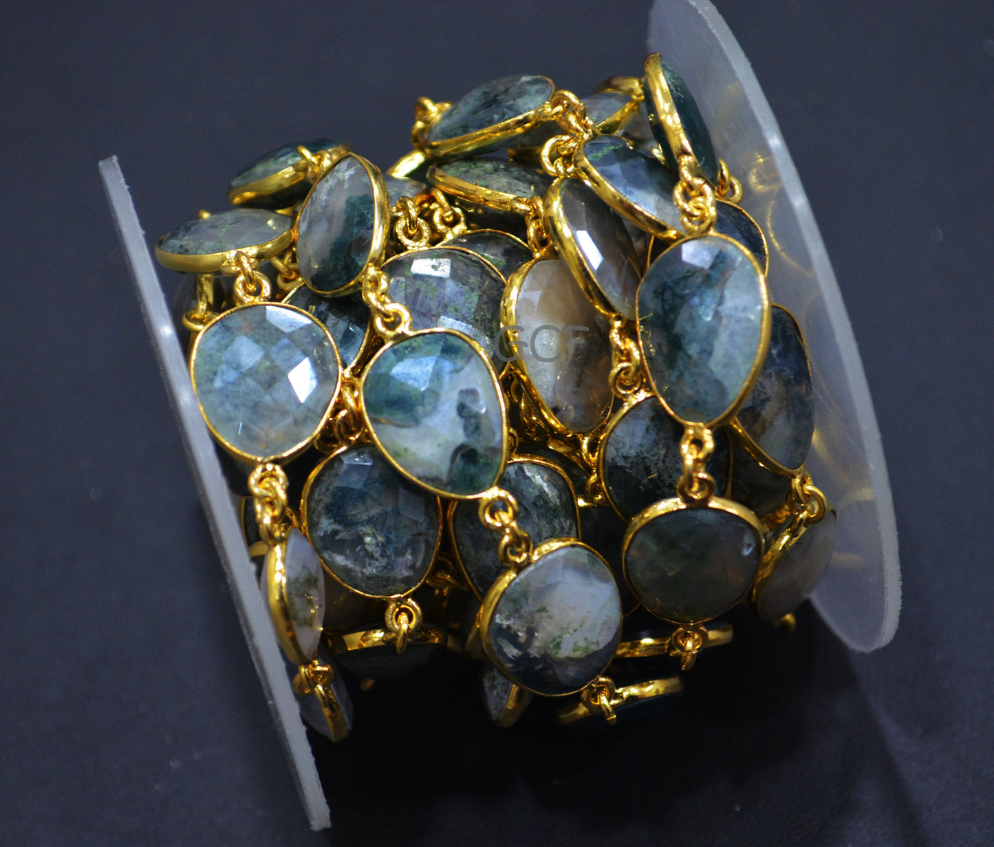 Mystic Moss Ocean Agate Faceted Free Form Connector Chain , Moss Ocean Agate Slice Bezel Link Chain , 11x14 - 14x17 mm , 6905