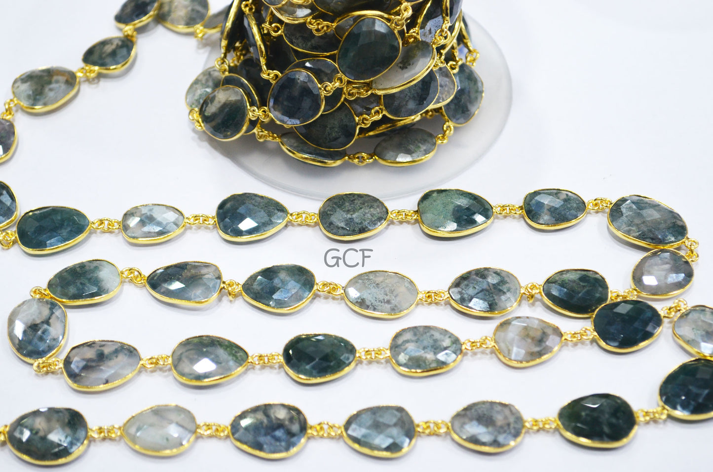 Mystic Moss Ocean Agate Faceted Free Form Connector Chain , Moss Ocean Agate Slice Bezel Link Chain , 14x17 - 16x21 mm , 6906