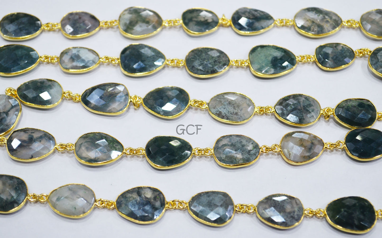 Mystic Moss Ocean Agate Faceted Free Form Connector Chain , Moss Ocean Agate Slice Bezel Link Chain , 14x17 - 16x21 mm , 6906