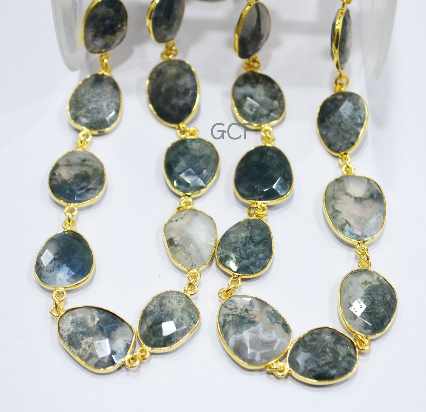 Mystic Moss Ocean Agate Faceted Free Form Connector Chain , Moss Ocean Agate Slice Bezel Link Chain , 14x17 - 16x21 mm , 6906