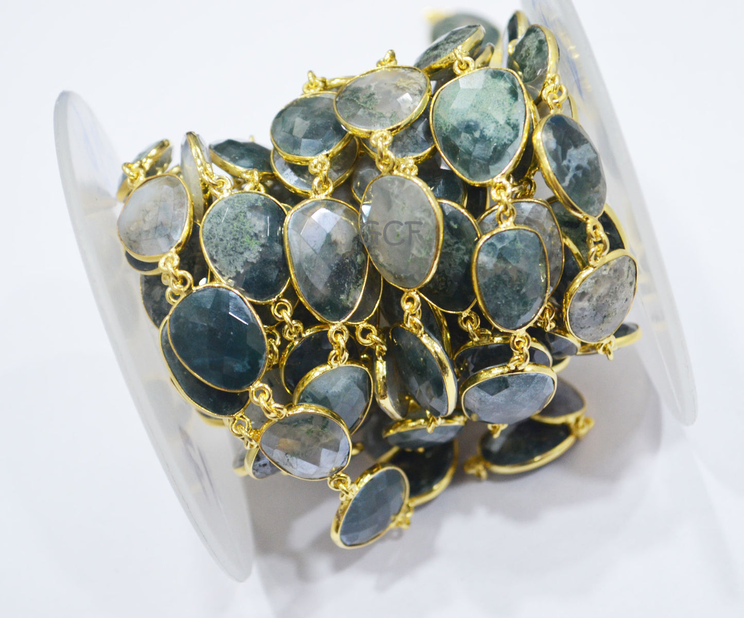 Mystic Moss Ocean Agate Faceted Free Form Connector Chain , Moss Ocean Agate Slice Bezel Link Chain , 14x17 - 16x21 mm , 6906