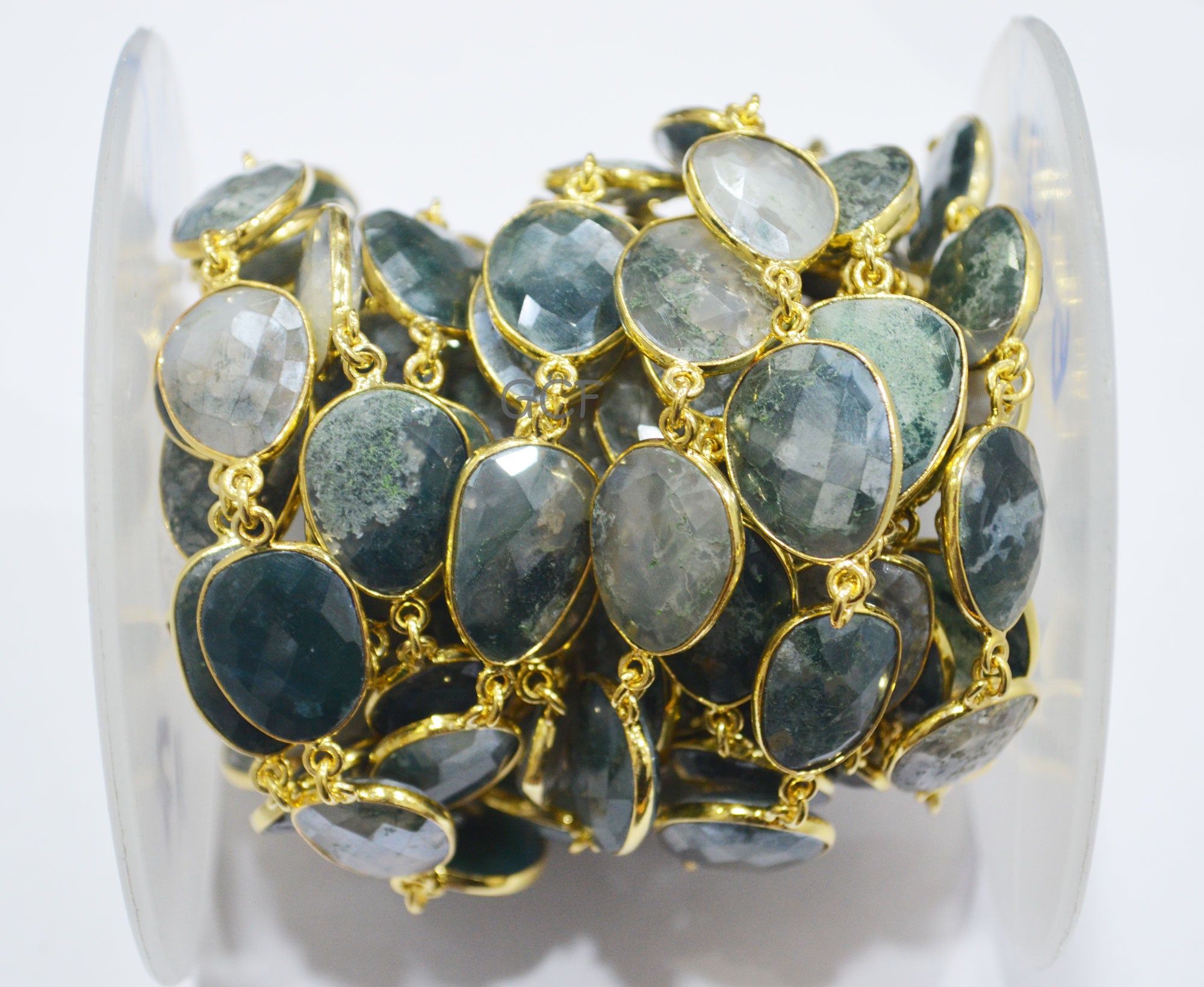 Mystic Moss Ocean Agate Faceted Free Form Connector Chain , Moss Ocean Agate Slice Bezel Link Chain , 14x17 - 16x21 mm , 6906