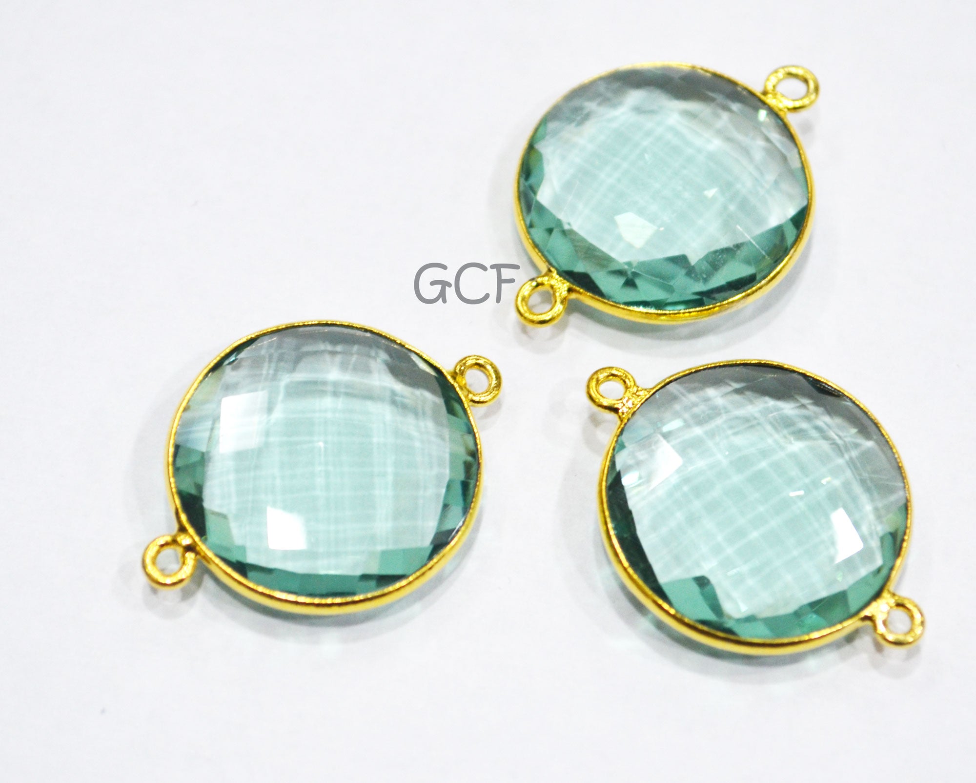 Green Amethyst Hydro Glass Coin Shape Double Bail Connector , Green Amethyst Hydro Glass Faceted Connector , Sold By Piece , 21 mm , RB-6908