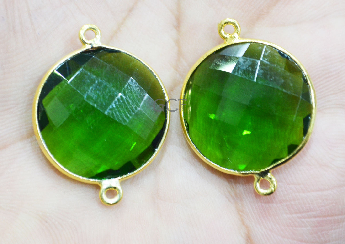 Chrome Green Hydro Glass Coin Shape Double Bail Connector , Chrome Green Hydro Glass Faceted Connector , Sold By Piece , 21 mm , RB-6909