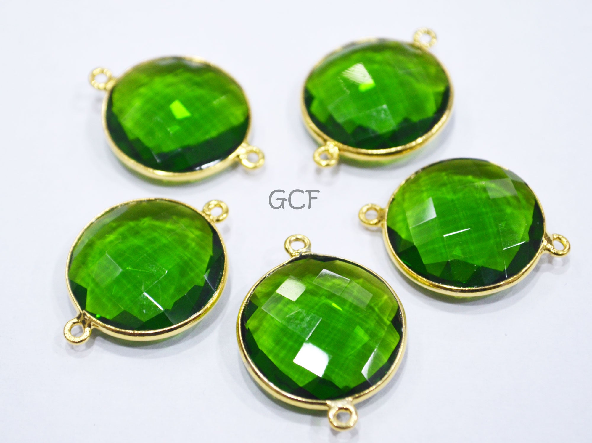 Chrome Green Hydro Glass Coin Shape Double Bail Connector , Chrome Green Hydro Glass Faceted Connector , Sold By Piece , 21 mm , RB-6909