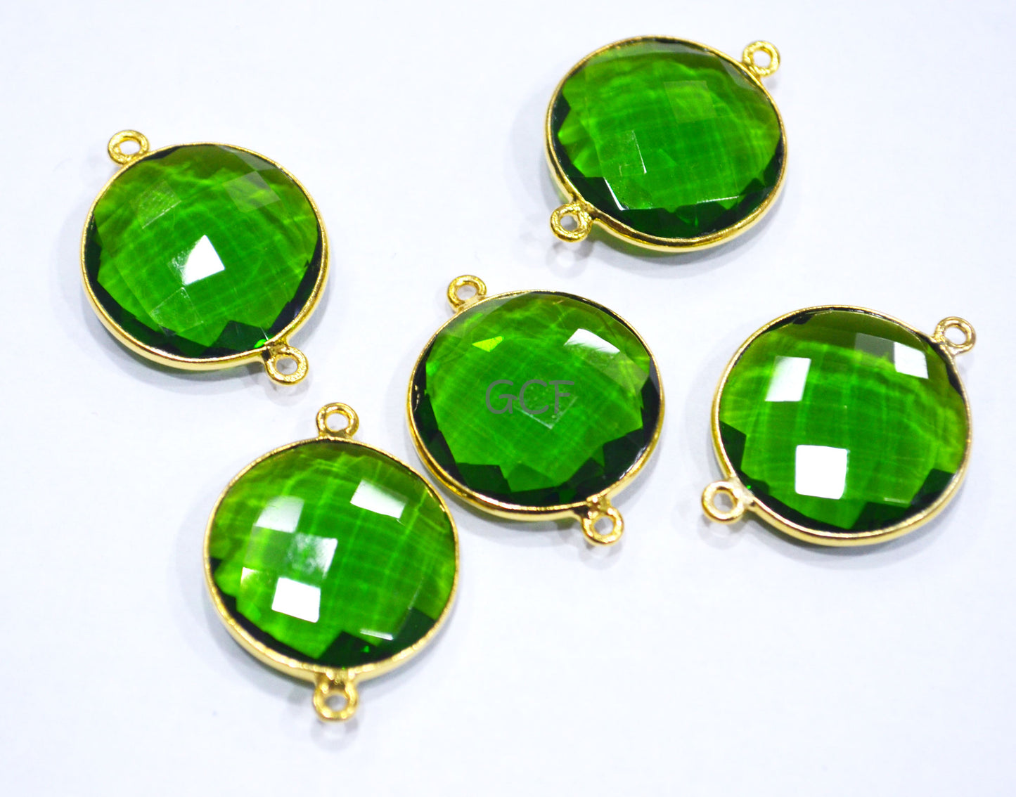 Chrome Green Hydro Glass Coin Shape Double Bail Connector , Chrome Green Hydro Glass Faceted Connector , Sold By Piece , 21 mm , RB-6909