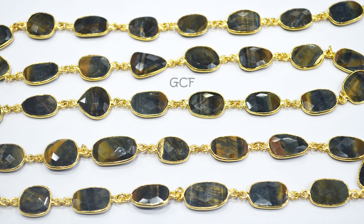 Yellow Black Tiger Eye Stone Faceted Slice Shape Connector Chain , Black Tiger Eye Free Form Bezel Chain , 11 - 13 mm , 6920