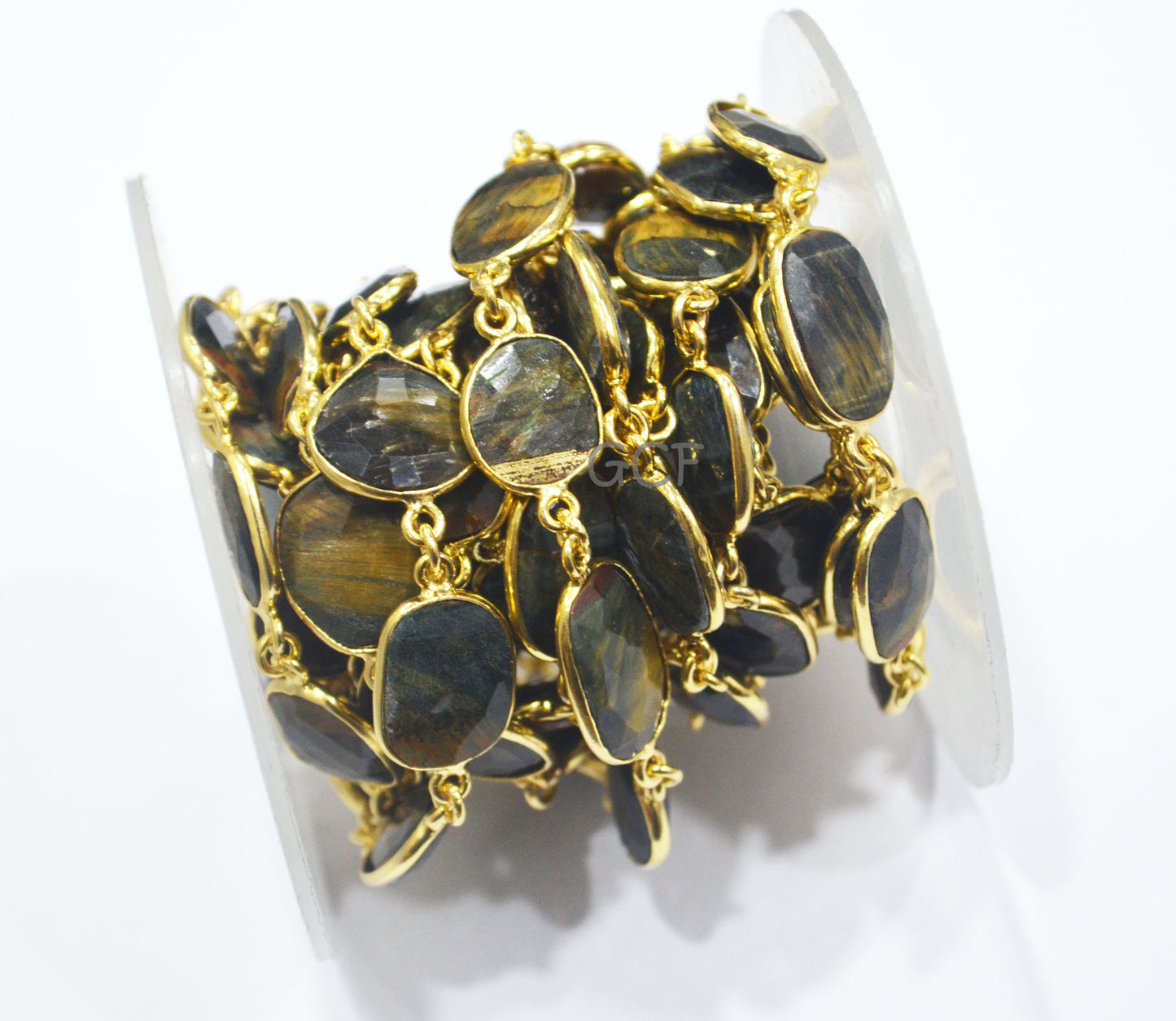 Yellow Black Tiger Eye Stone Faceted Slice Shape Connector Chain , Black Tiger Eye Free Form Bezel Chain , 11 - 13 mm , 6920