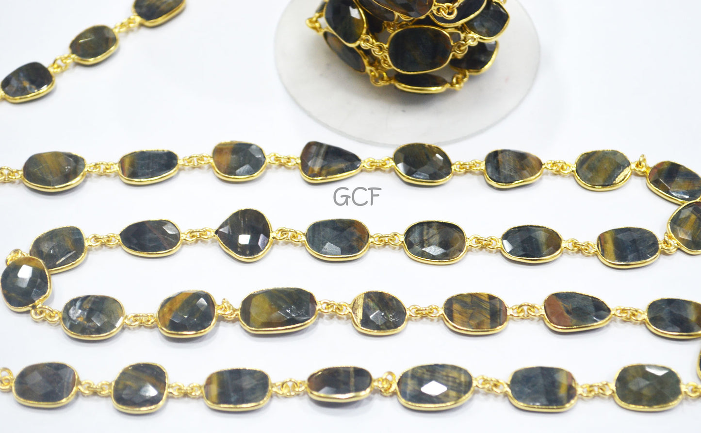 Yellow Black Tiger Eye Stone Faceted Slice Shape Connector Chain , Black Tiger Eye Free Form Bezel Chain , 11 - 13 mm , 6920
