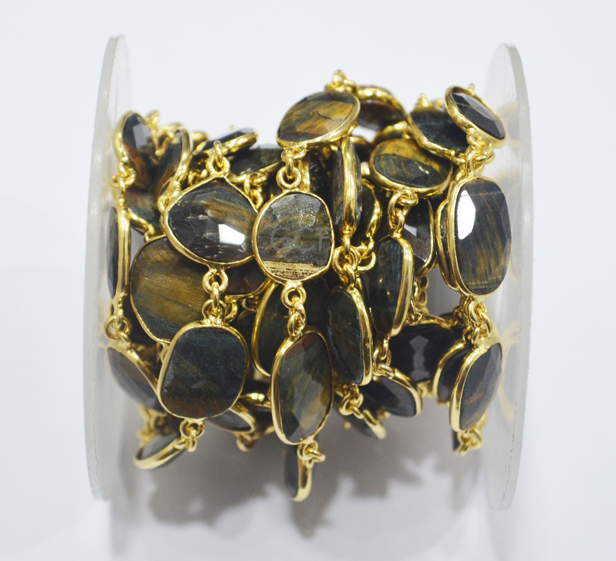 Yellow Black Tiger Eye Stone Faceted Slice Shape Connector Chain , Black Tiger Eye Free Form Bezel Chain , 11 - 13 mm , 6920