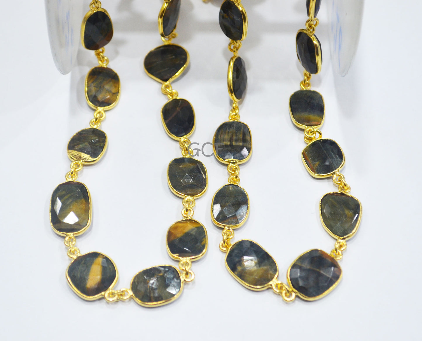 Yellow Black Tiger Eye Stone Faceted Slice Shape Connector Chain , Black Tiger Eye Free Form Bezel Chain , 11 - 13 mm , 6920