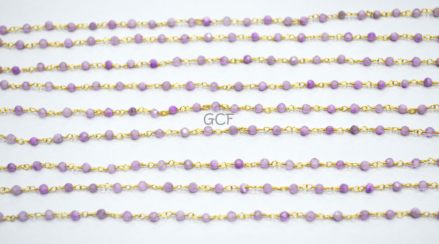Lavender Rainbow Moonstone Faceted Round Shape Rosary Chain ,Mystic Coated Lavender Moonstone Wire Wrapped Chain , 2 mm ,6921
