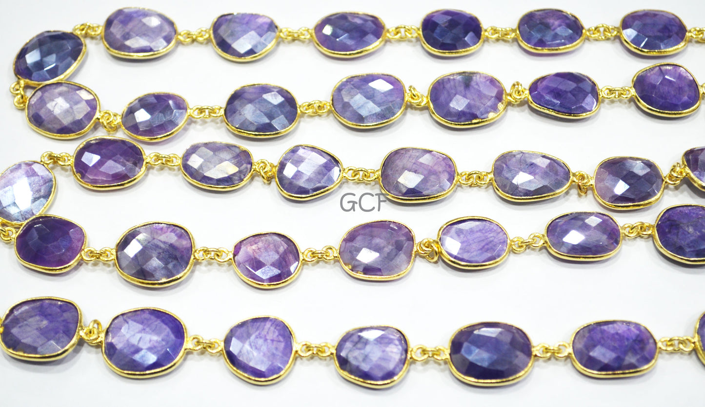 Mystic Purple Color Moonstone Faceted Slice Connector Chain , Mystic Purple Stone Bezel Link Chain , 11x13 - 17x19 mm , 6929