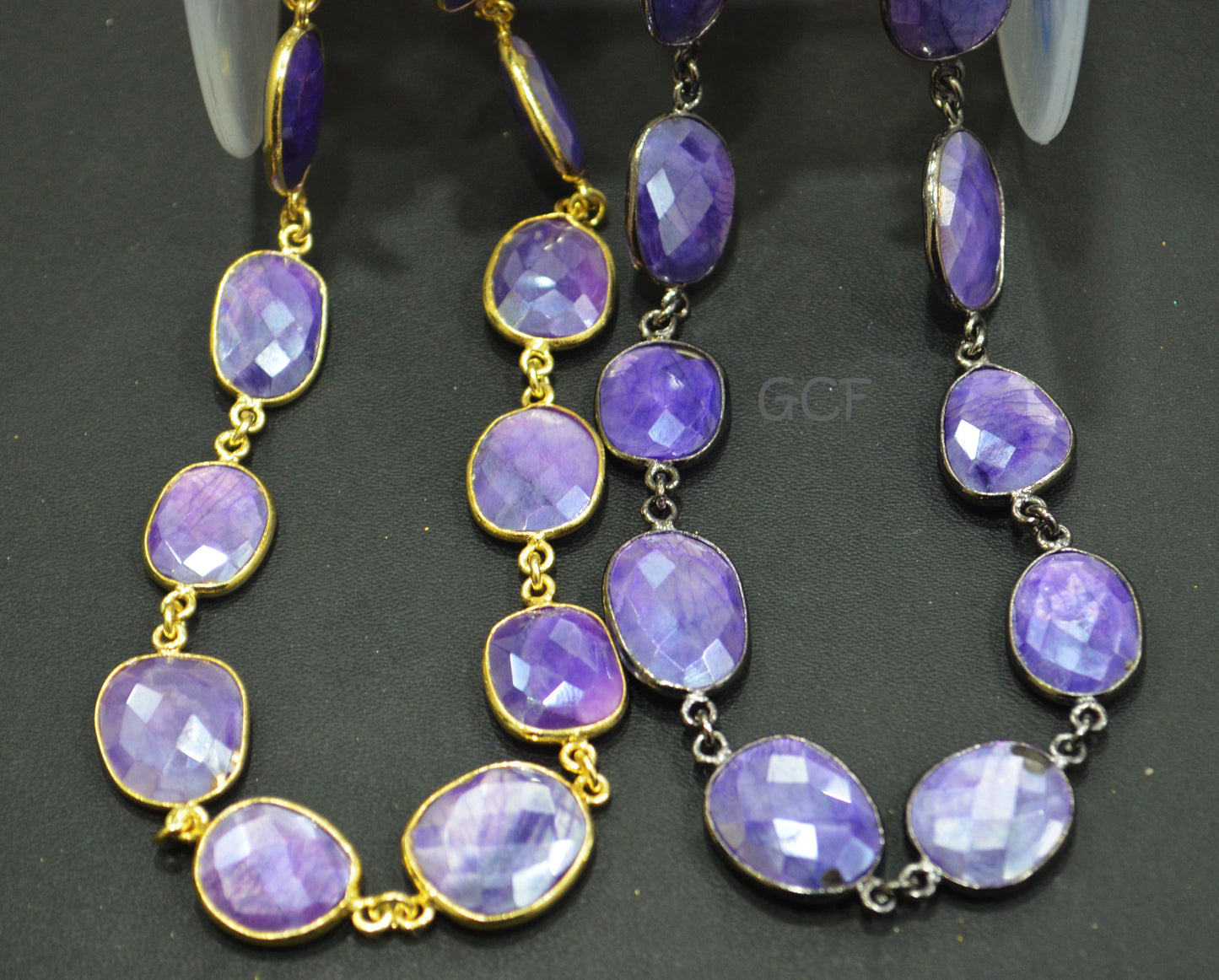 Mystic Purple Color Moonstone Faceted Slice Connector Chain , Mystic Purple Stone Bezel Link Chain , 11x13 - 17x19 mm , 6929