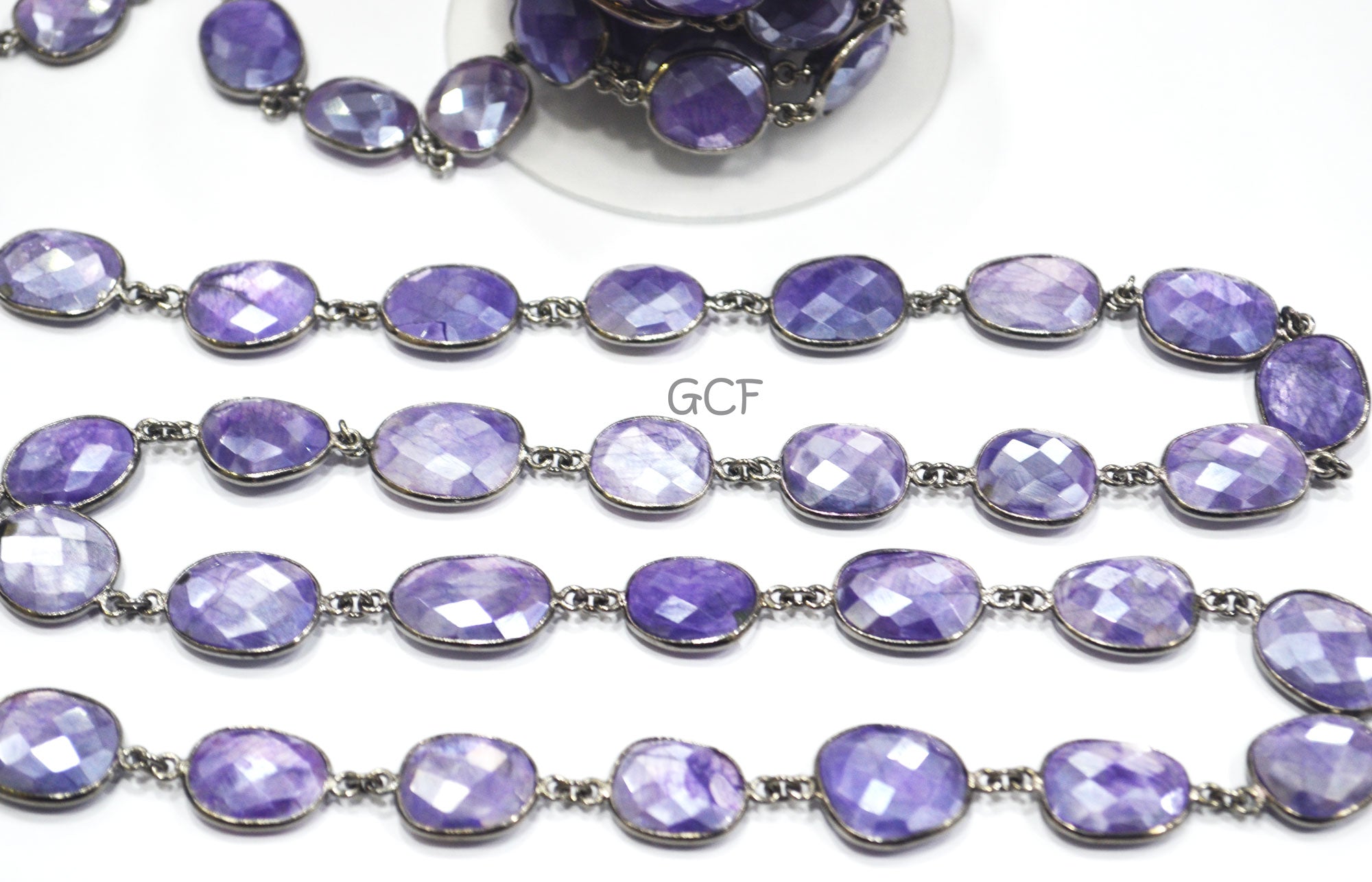 Mystic Purple Color Moonstone Faceted Slice Connector Chain , Mystic Purple Stone Bezel Link Chain , 11x13 - 17x19 mm , 6929