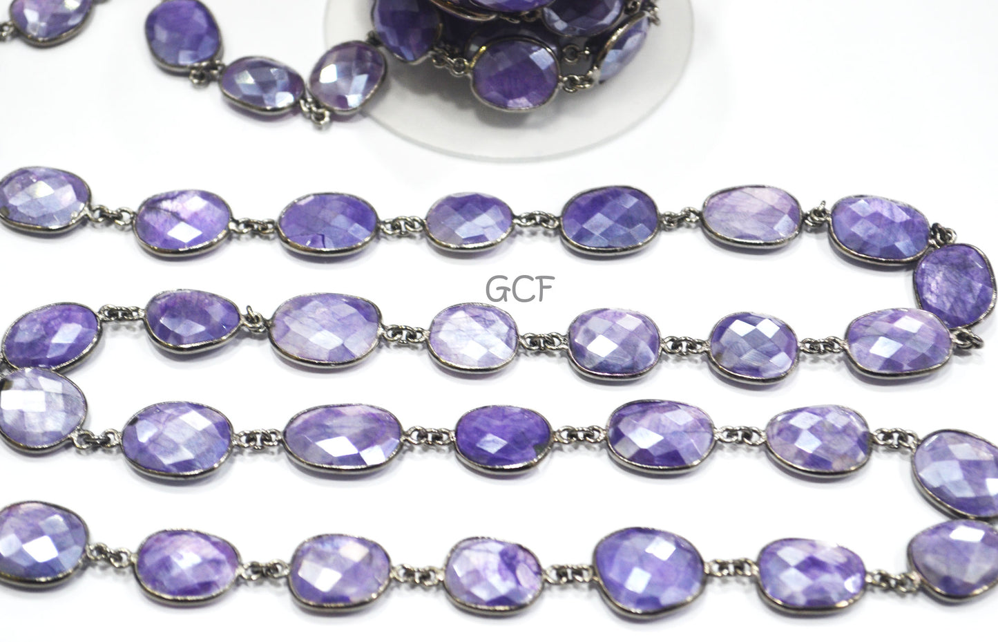 Mystic Purple Color Moonstone Faceted Slice Connector Chain , Mystic Purple Stone Bezel Link Chain , 11x13 - 17x19 mm , 6929