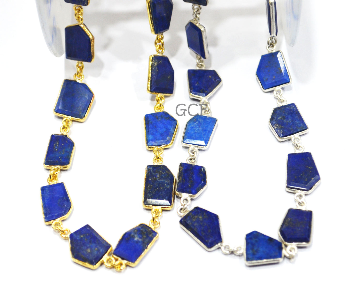 Lapis Lazuli Crown Cut Tablets Connector Chain , Lapis Lazuli Fancy Cut Flat Tablets Bezel Link Chain , 11x12 - 14x15 mm ,6930