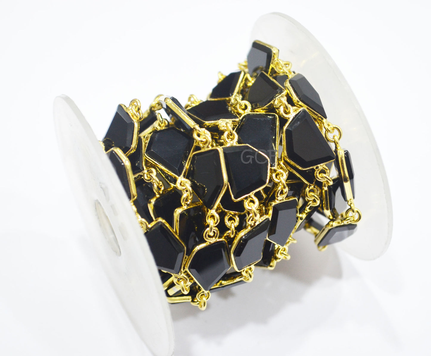 Black Onyx Crown Cut Tablets Connector Chain , Black Onyx Fancy Cut Flat Tablets Bezel Link Chain , 11x12 - 12x15 mm , 6931