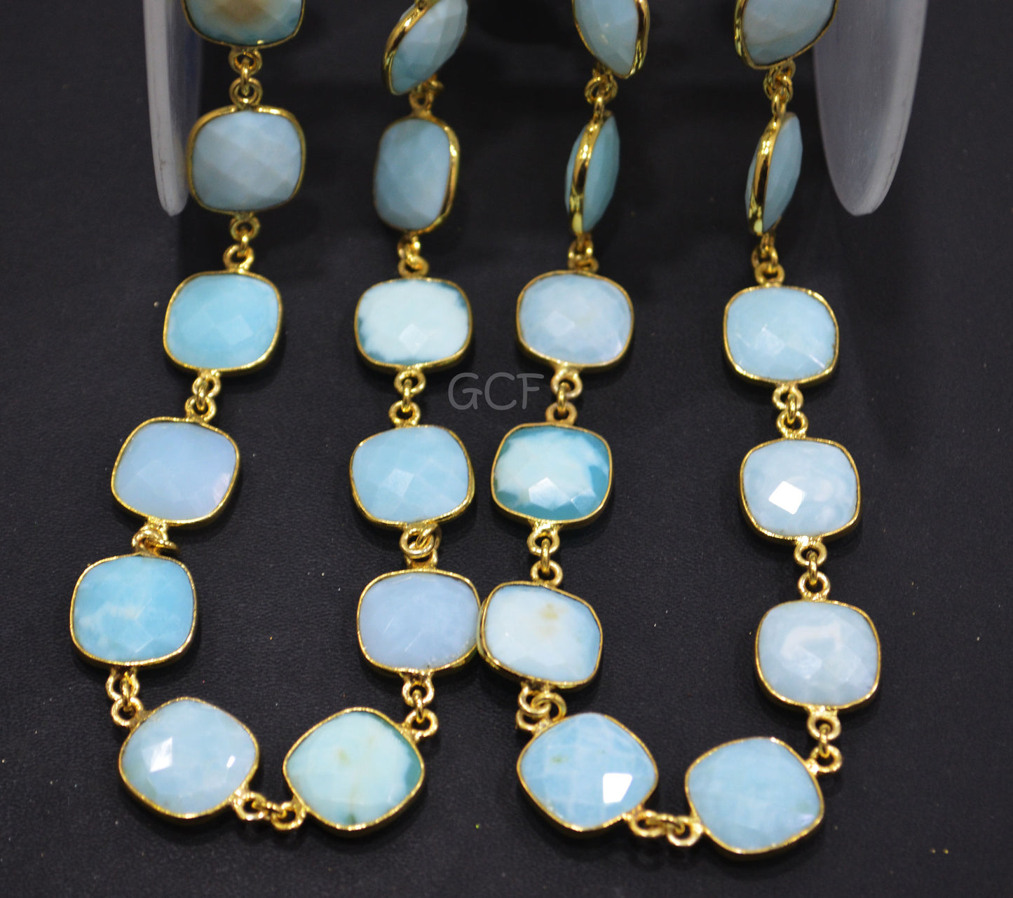 Peruvian Blue Opal Faceted Cushion Shape Connector Chain , Peruvian Blue Opal Cushion Shape Bezel Link Chain , 14 mm , 6932