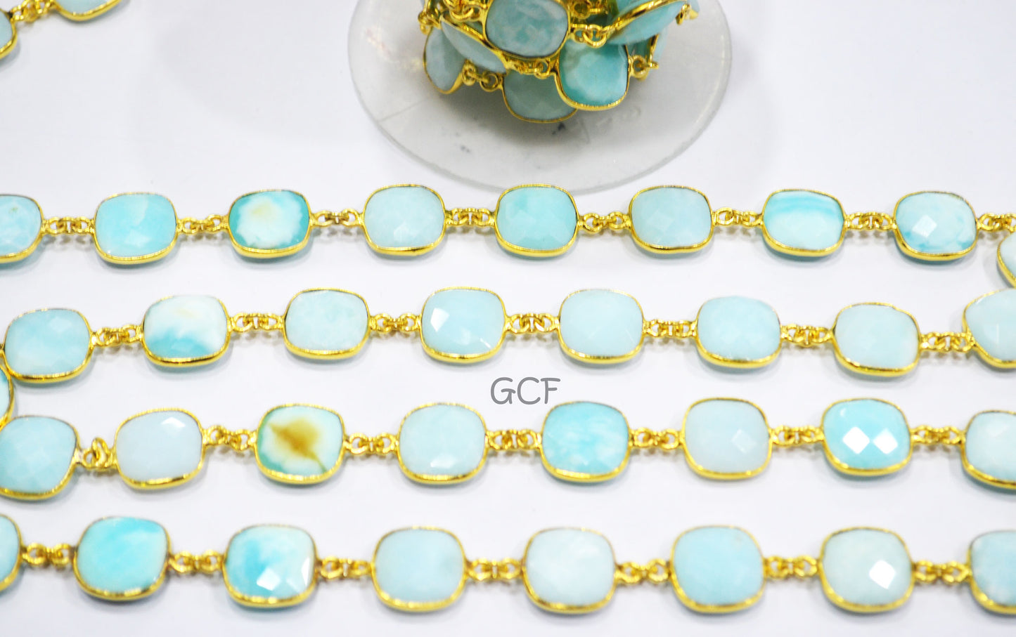 Peruvian Blue Opal Faceted Cushion Shape Connector Chain , Peruvian Blue Opal Cushion Shape Bezel Link Chain , 14 mm , 6932