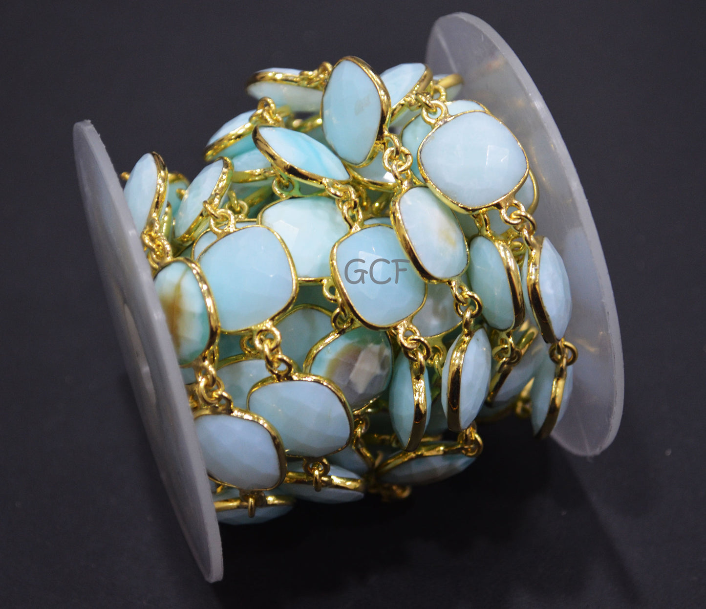 Peruvian Blue Opal Faceted Cushion Shape Connector Chain , Peruvian Blue Opal Cushion Shape Bezel Link Chain , 14 mm , 6932