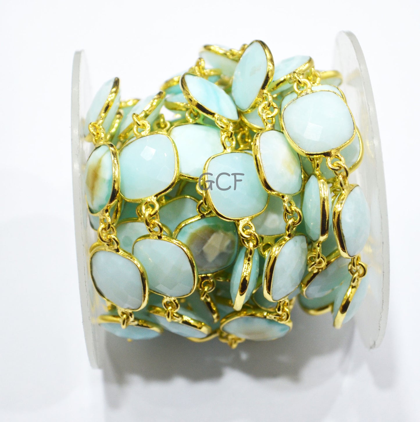 Peruvian Blue Opal Faceted Cushion Shape Connector Chain , Peruvian Blue Opal Cushion Shape Bezel Link Chain , 14 mm , 6932