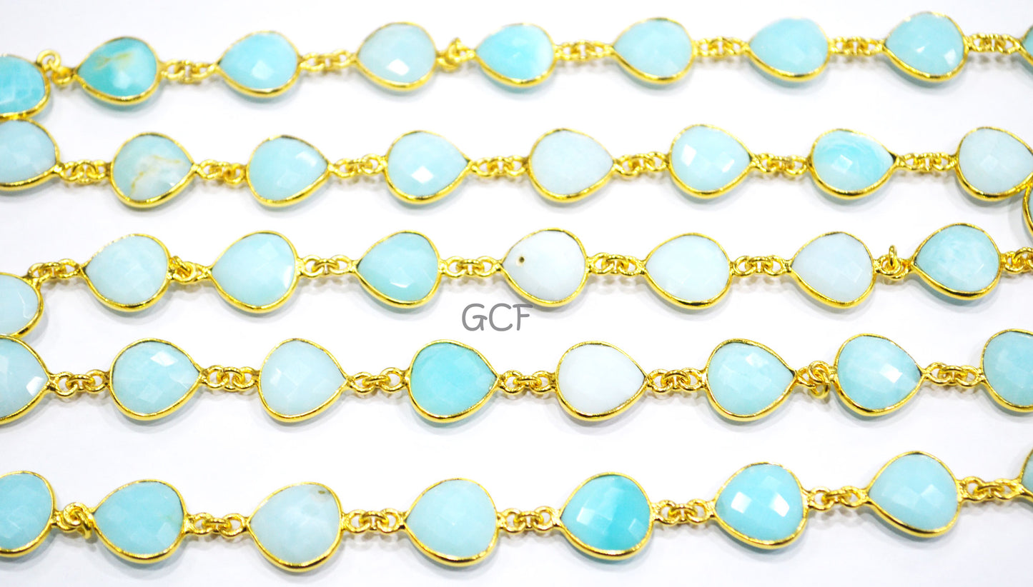 Peruvian Blue Opal Faceted Heart Shape Connector Chain , Peruvian Blue Opal Heart Shape Bezel Link Chain , 13 mm , 6933