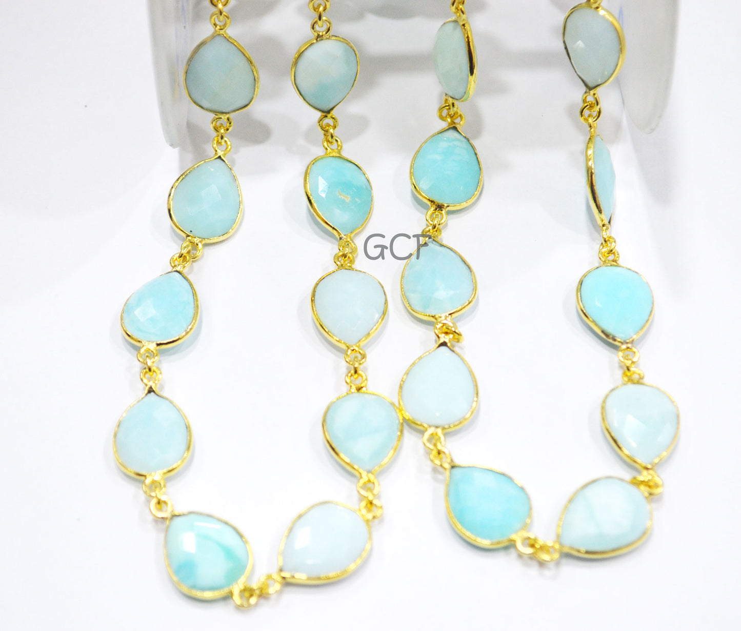 Peruvian Blue Opal Faceted Pear Shape Connector Chain , Peruvian Blue Opal Pear Shape Bezel Link Chain , 13x15 mm , 6934