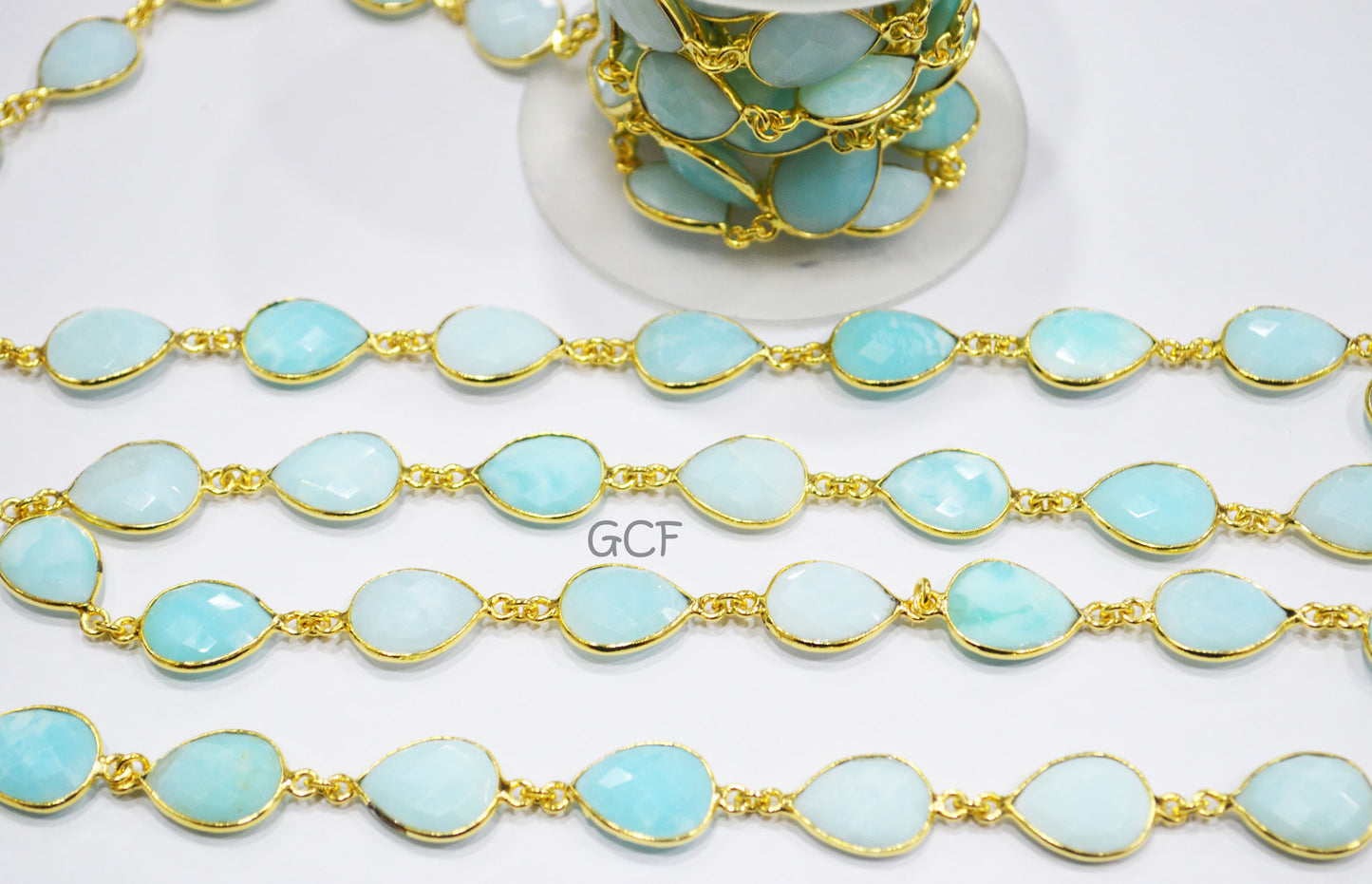 Peruvian Blue Opal Faceted Pear Shape Connector Chain , Peruvian Blue Opal Pear Shape Bezel Link Chain , 13x15 mm , 6934