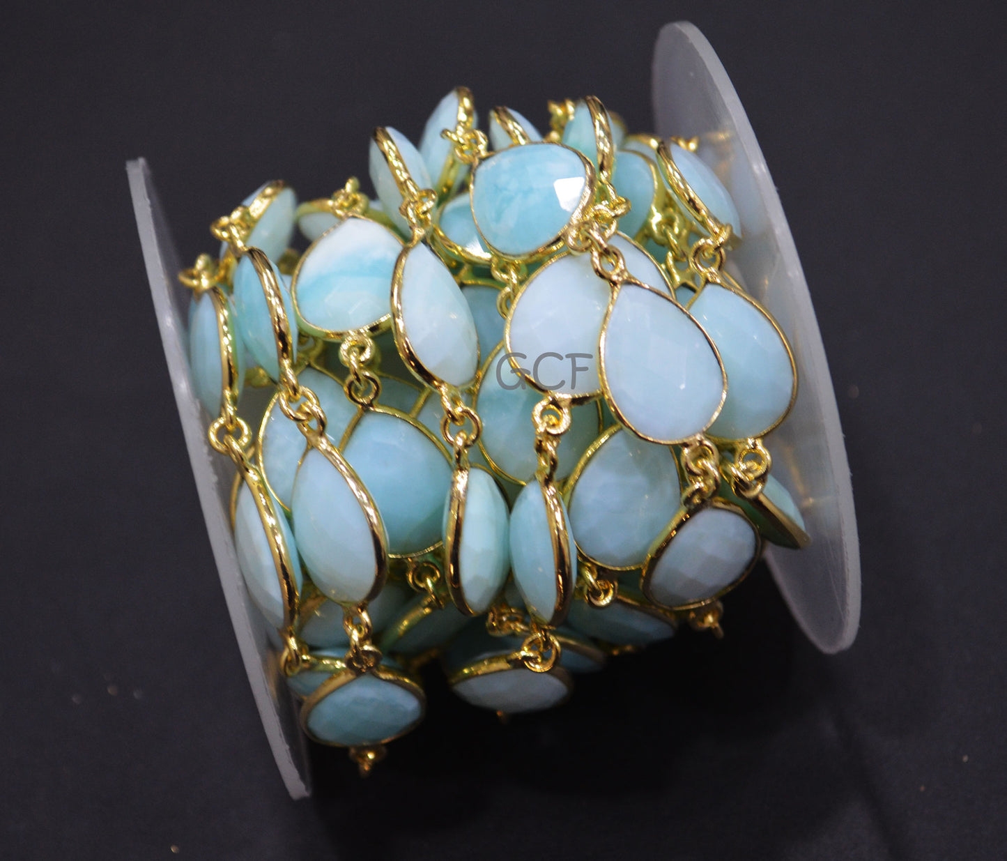 Peruvian Blue Opal Faceted Pear Shape Connector Chain , Peruvian Blue Opal Pear Shape Bezel Link Chain , 13x15 mm , 6934