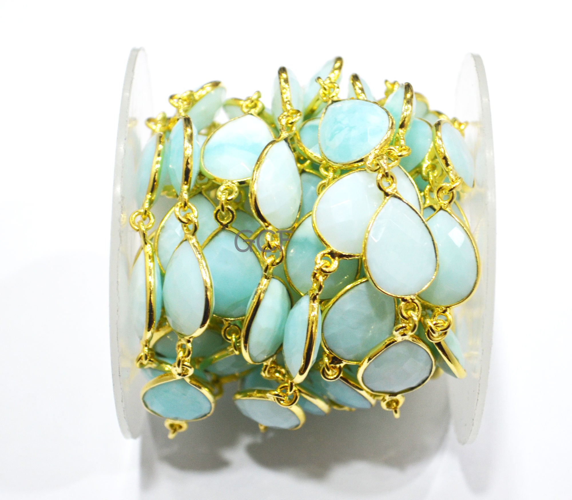 Peruvian Blue Opal Faceted Pear Shape Connector Chain , Peruvian Blue Opal Pear Shape Bezel Link Chain , 13x15 mm , 6934