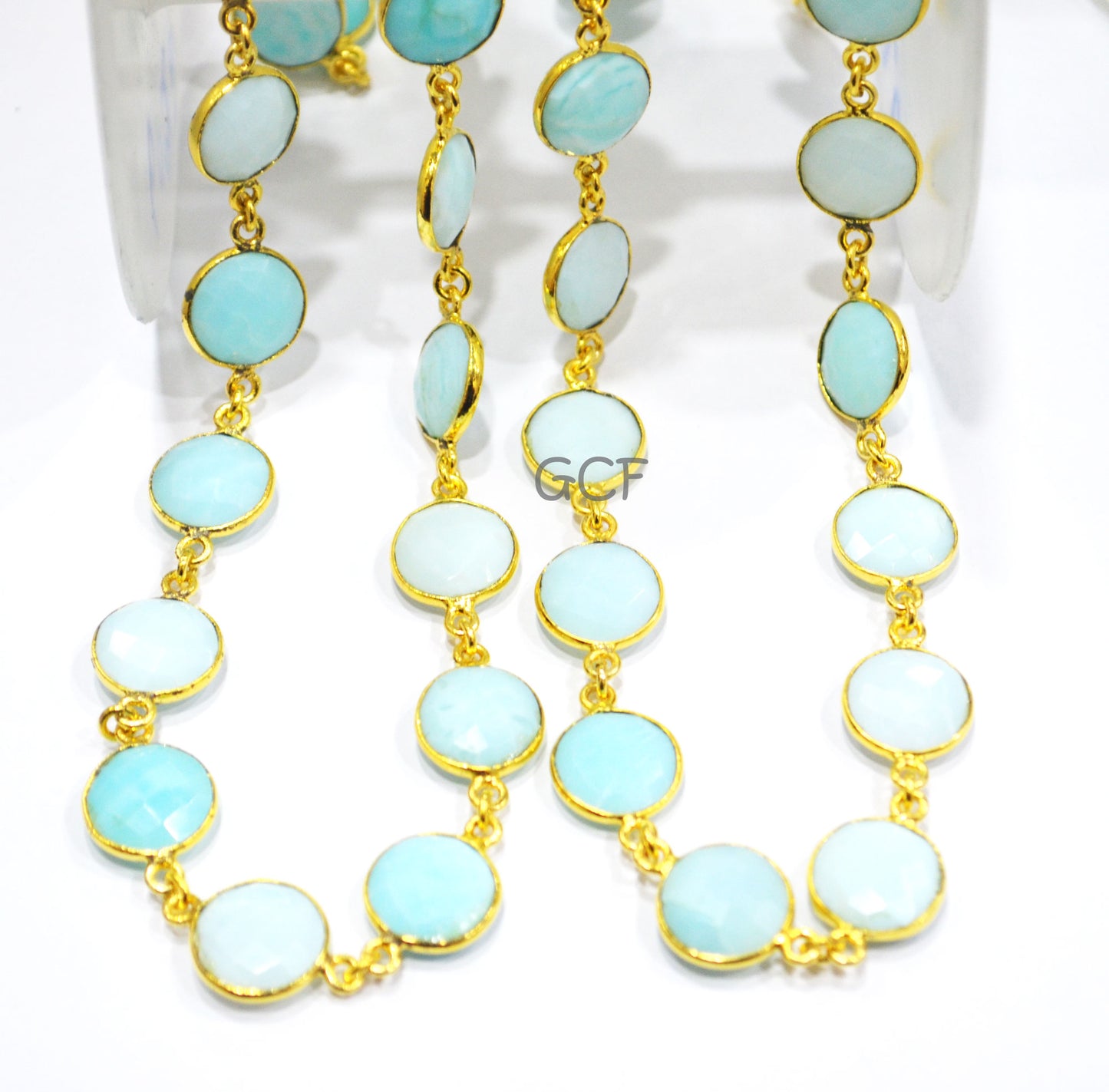 Peruvian Blue Opal Faceted Coin Shape Connector Chain , Peruvian Blue Opal Coin Shape Bezel Link Chain , 12.50 mm , 6935