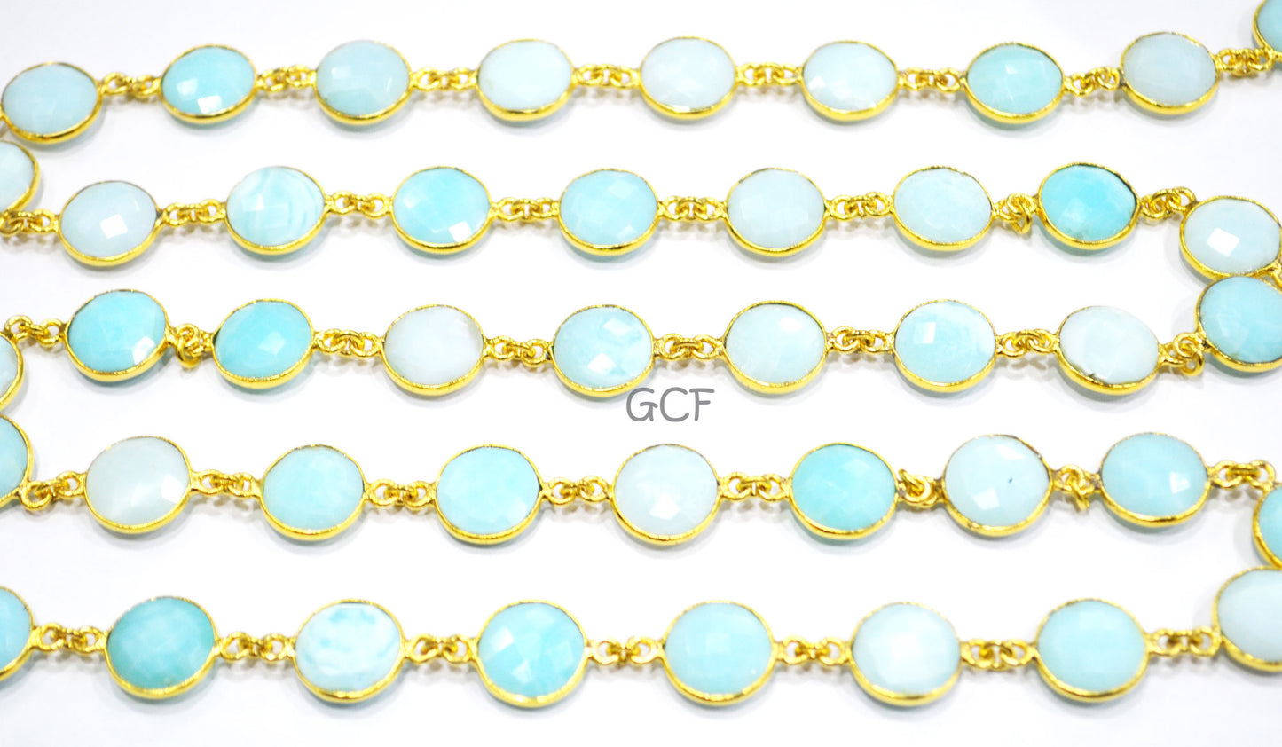 Peruvian Blue Opal Faceted Coin Shape Connector Chain , Peruvian Blue Opal Coin Shape Bezel Link Chain , 12.50 mm , 6935