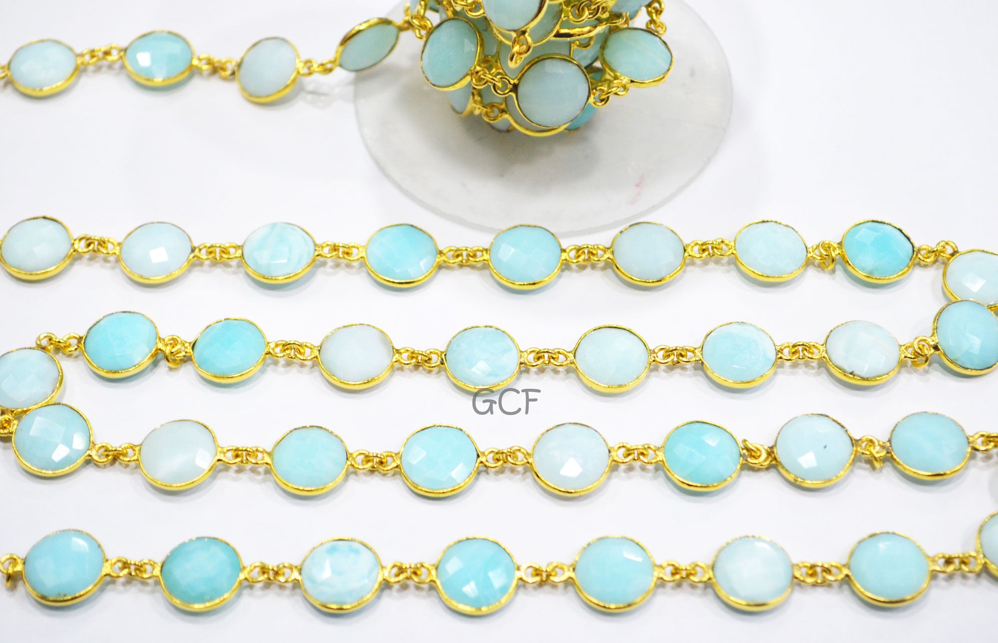 Peruvian Blue Opal Faceted Coin Shape Connector Chain , Peruvian Blue Opal Coin Shape Bezel Link Chain , 12.50 mm , 6935
