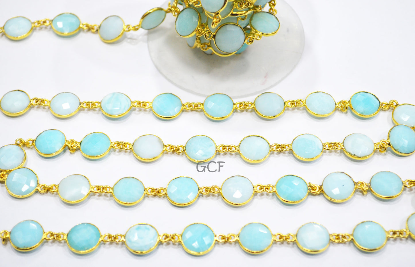Peruvian Blue Opal Faceted Coin Shape Connector Chain , Peruvian Blue Opal Coin Shape Bezel Link Chain , 12.50 mm , 6935