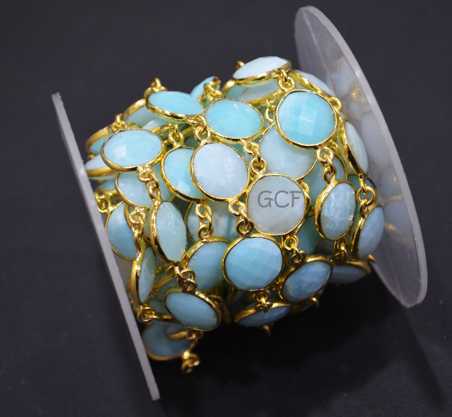 Peruvian Blue Opal Faceted Coin Shape Connector Chain , Peruvian Blue Opal Coin Shape Bezel Link Chain , 12.50 mm , 6935