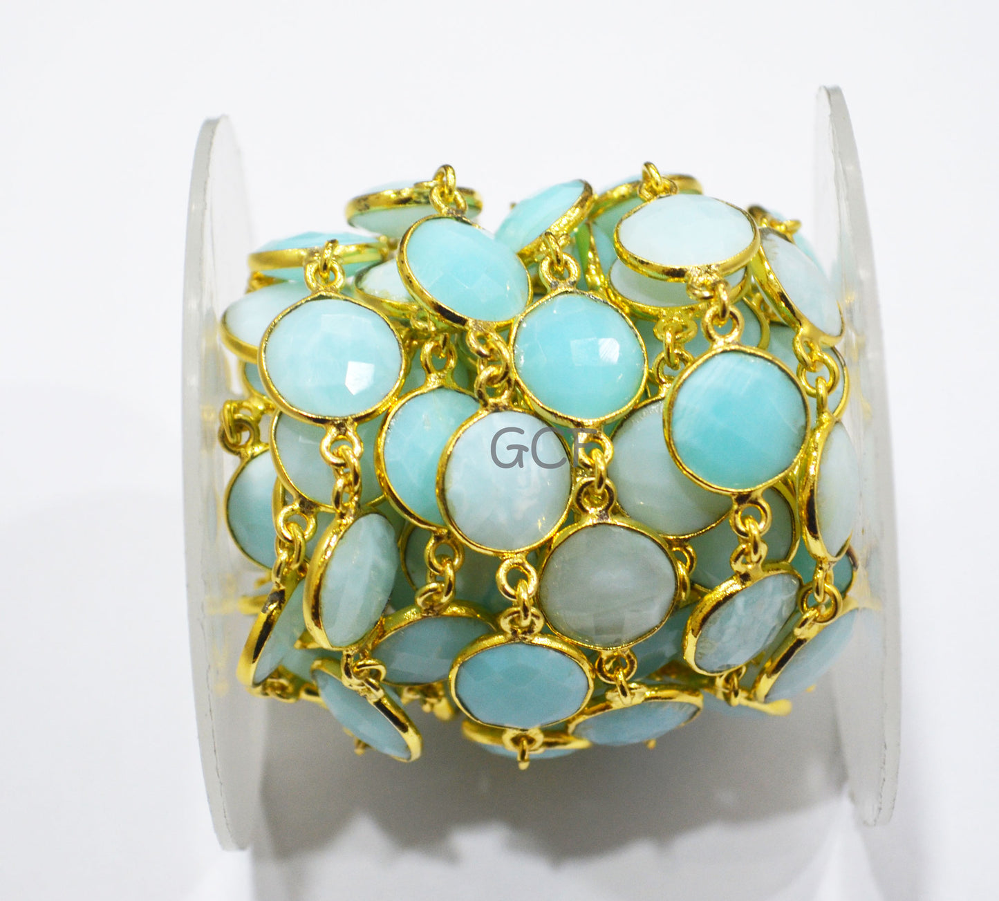 Peruvian Blue Opal Faceted Coin Shape Connector Chain , Peruvian Blue Opal Coin Shape Bezel Link Chain , 12.50 mm , 6935