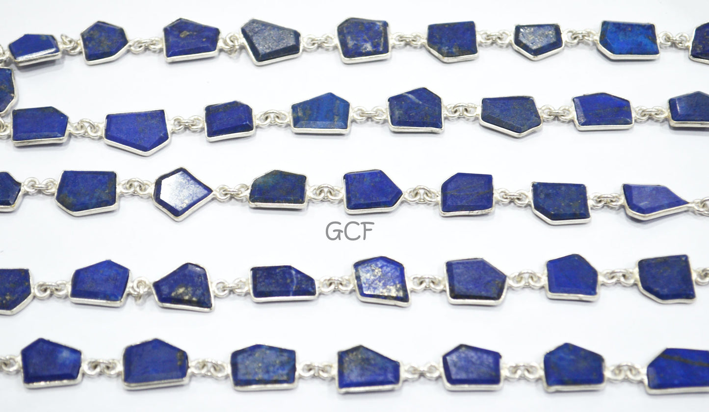 Lapis Lazuli Crown Cut Tablets Connector Chain , Lapis Lazuli Fancy Cut Flat Tablets Bezel Link Chain , 5x9 - 12x15 mm , 6936